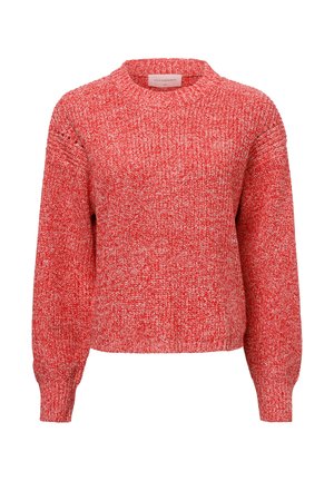 Roter gestrickter Pullover mit rundem Ausschnitt, langen Ärmeln und texturiertem Finish. Hat eine lockere Passform sowie gerippte Bündchen und Saum.