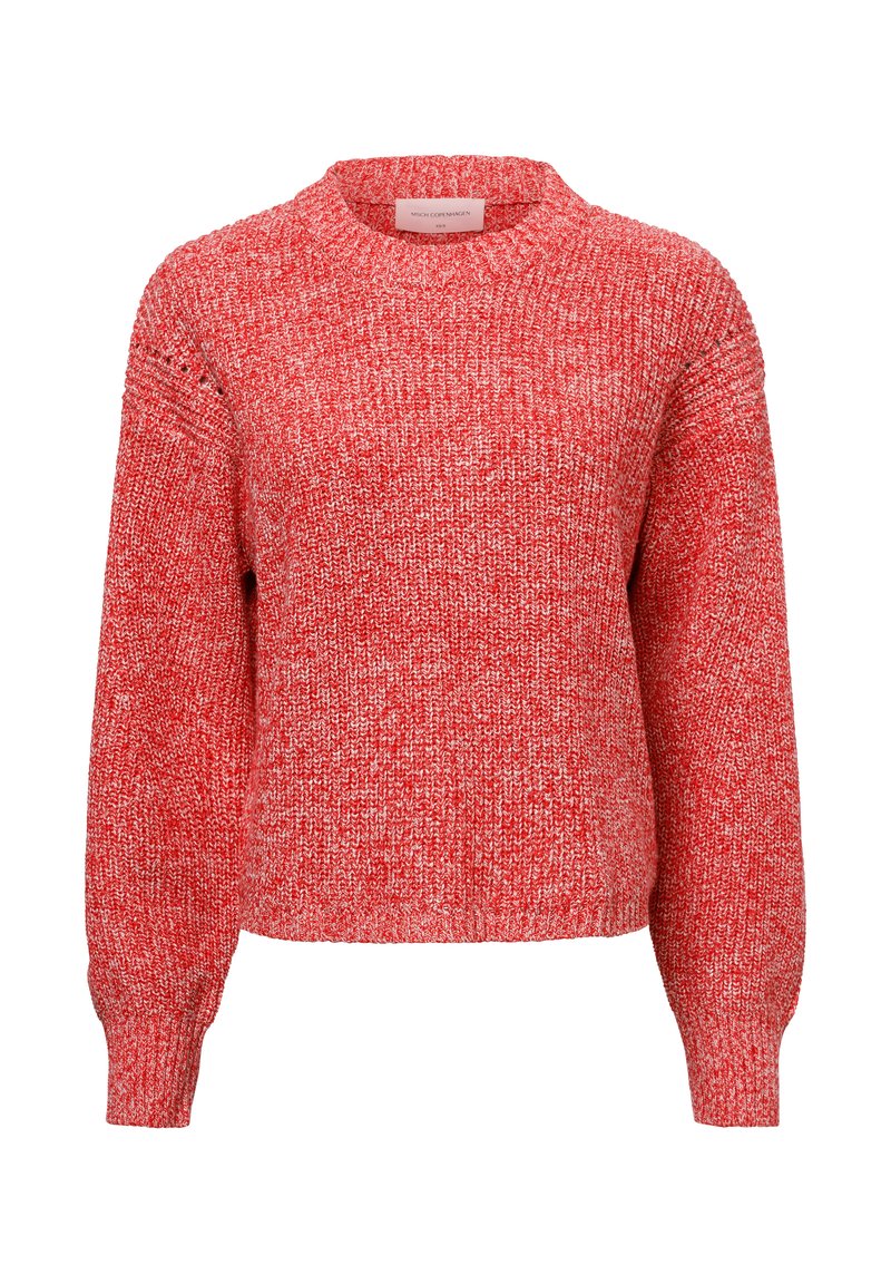 Pull en tricot rouge avec un col rond, des manches longues et une finition texturée. Il présente une coupe ample et des bords-côtes aux poignets et à l'ourlet.