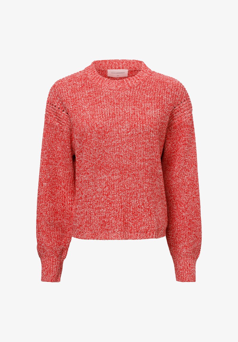 Maglione rosso lavorato a maglia con colletto rotondo, maniche lunghe e una finitura testurizzata. Presenta una vestibilità ampia e polsini e orlo a costine.