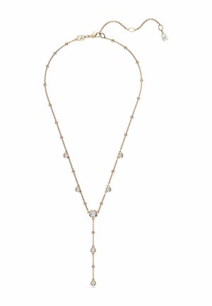 Zarte goldene Halskette mit kleinen runden Diamanten, die entlang der Kette verteilt sind, und einem vertikalen Anhänger, der in einem tropfenförmigen Diamanten endet.