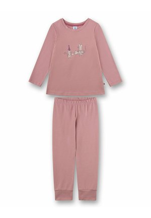 Rosa Baumwoll-Pyjama-Set mit einem Langarmoberteil, das ein Mauskänguru zeigt, und elastischer Hosen, beide mit Rippbündchen und Hals.