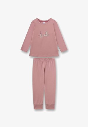Rosa Baumwoll-Pyjama-Set mit einem Langarmoberteil, das ein Mauskänguru zeigt, und elastischer Hosen, beide mit Rippbündchen und Hals.