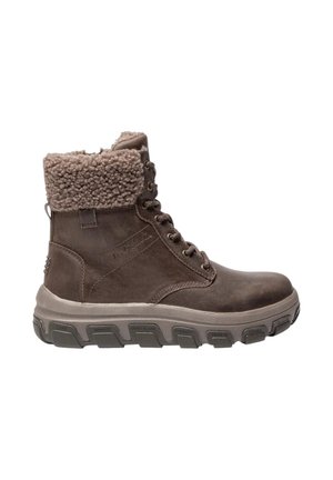 Bottines en cuir marron avec un col en fausse fourrure, un devant à lacets et une semelle rembourrée dotée de caoutchouc texturé pour une meilleure adhérence et durabilité.