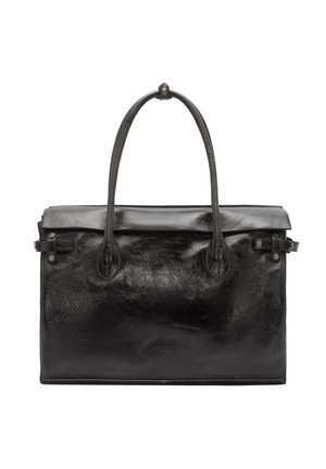 Black leather handbag with a smooth, shiny texture, two sturdy handles, and zipper details. A minimalist design with rectangular shape.