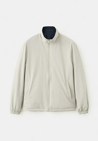 Veste gris clair à fermeture éclair avec col montant, poignets élastiques et poches latérales inclinées, posée à plat sur un fond blanc.