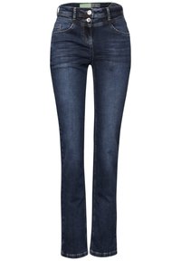 Vaqueros de mezclilla en azul oscuro, corte recto, con dos bolsillos frontales, cierre de botón y costuras en contraste a lo largo de las costuras.