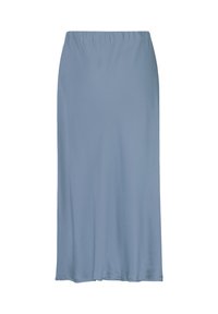 Blaue, knielange Rock aus glattem Stoff mit einem elastischen Bund und ohne sichtbare Verschlüsse oder Muster. Schlichter, gerader Schnitt.