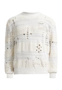 White knitted sweater with various cutout patterns, featuring a textured surface and ribbed cuffs. Crew neck design, slightly oversized fit.