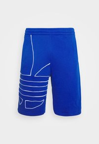 Modré sportovní šortky vyrobené z bavlněné směsi, s bílými grafickými liniemi a vzory na levé noze, s elastickým pasem.