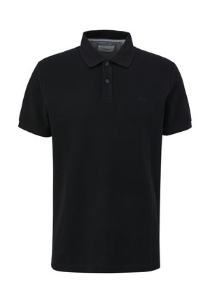 Schwarzes Poloshirt aus Baumwolle, mit einem Zwei-Knopf-Kragen, kurzen Ärmeln und einem dezent strukturierten Stoff. Logo auf der Brust.