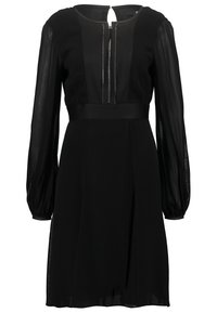 Vestido negro con mangas largas de tela transparente, cuerpo ajustado y una sutil cremallera frontal. Textura suave con detalles plisados en la falda.