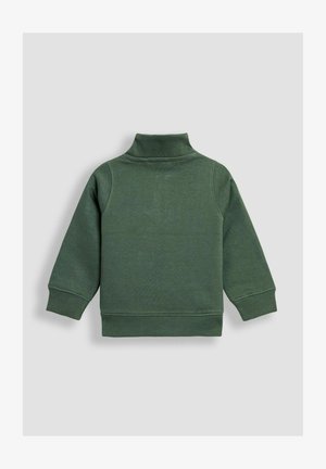 Tumši zaļš garo piedurkņu bērnu sporta krekls ar ribotām aprocēm un apakšmalu, kā arī salocītu augsto apkakli, attēlots no aizmugures.