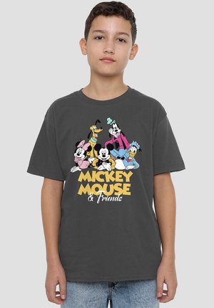 Gray cotton t-shirt featuring a printed graphic of Mickey Mouse and friends, with colorful designs and bold yellow text reading "Mickey Mouse & Friends."