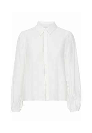 Camicia bianca a maniche lunghe realizzata in un tessuto strutturato, con colletto classico, bottoni sulla parte anteriore e maniche a sbuffo.