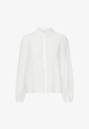 Camicia bianca a maniche lunghe realizzata in un tessuto strutturato, con colletto classico, bottoni sulla parte anteriore e maniche a sbuffo.