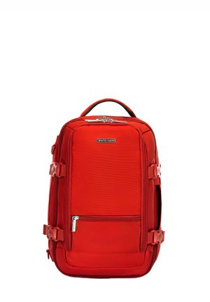 Red nylon backpack with multiple compartments, zippered closures, adjustable side straps, and a top handle for easy carrying.