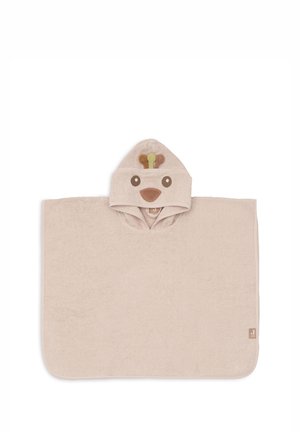 Serviette pour bébé beige à capuche avec un visage d'oiseau et de petites ailes sur la capuche, étalée à plat sur un fond blanc.
