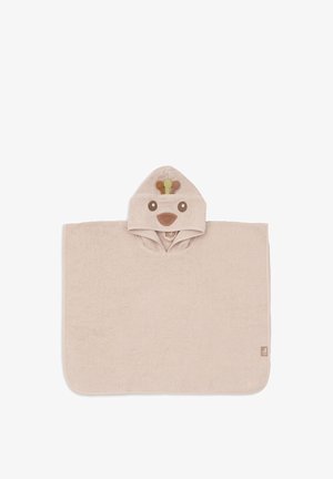 Serviette pour bébé beige à capuche avec un visage d'oiseau et de petites ailes sur la capuche, étalée à plat sur un fond blanc.