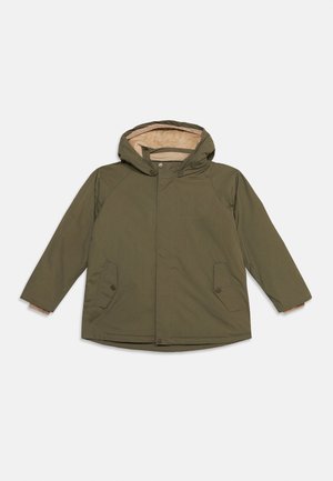 Olive green hooded winter jacket with front pockets and beige fleece lining, displayed flat on a white background.