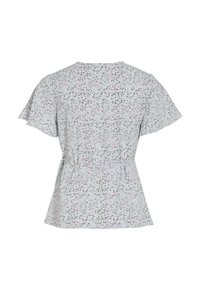 Svetlomodrá kvetinová blúzka s krátkym rukávom a peplum pásom. Má rozptýlený vzor v ružovej a zelenej farbe, vyrobená z mäkkej tkaniny.