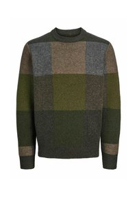 Pull en tricot au design patchwork mettant en valeur des nuances de vert, de gris et de marron. Le col et les poignets côtelés ajoutent de la texture et de la structure.