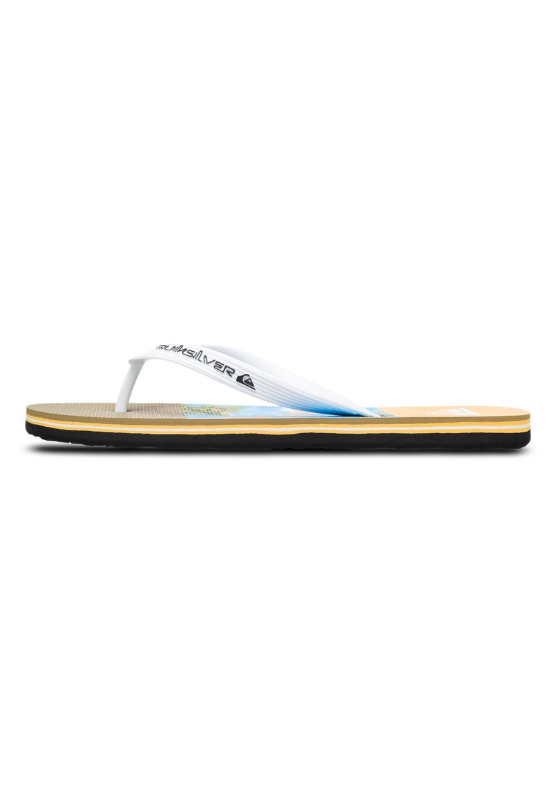 Tongs blanches avec un chaussant texturé couleur beige, semelle noire et un design graphique coloré sur la semelle intérieure. Présente un logo Quiksilver sur la sangle.