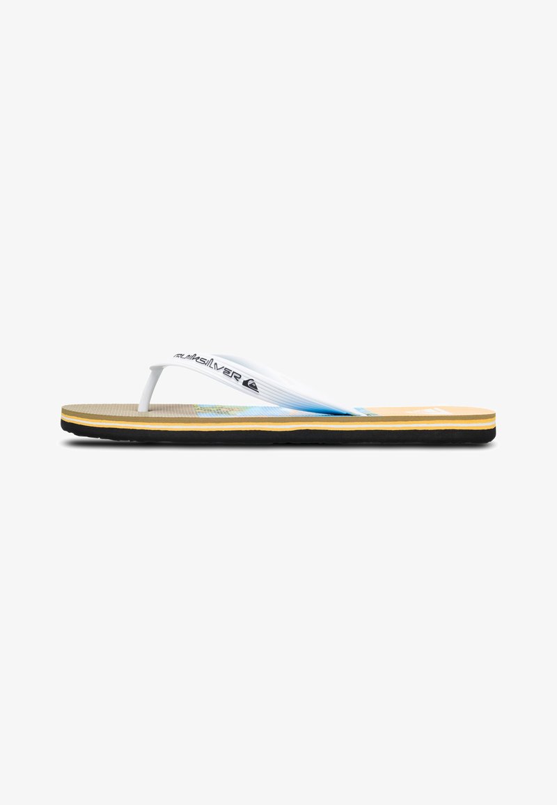 Tongs blanches avec un chaussant texturé couleur beige, semelle noire et un design graphique coloré sur la semelle intérieure. Présente un logo Quiksilver sur la sangle.