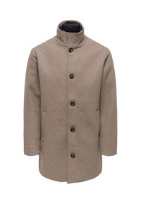 Manteau marron en mélange de laine avec un col montant, cinq boutons noirs, deux poches latérales et une coupe droite. Présente une texture lisse.