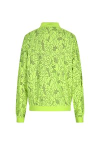 Jachetă bomber verde neon cu un model abstract geometric de culoare neagră. Colier și mansete cu nervuri, tiv elastic, textură netedă.