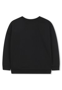 Black sweatshirt made from a soft fabric. Features a classic crew neck, long sleeves, and a ribbed hem. Simple, solid design without patterns.