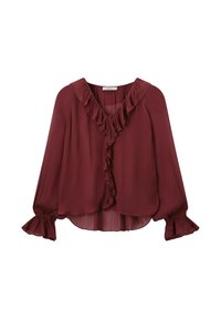 Blouse bordeaux à manches longues, avec un col volanté et des poignets évasés. Fabriquée en tissu léger avec un design fluide.