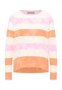 Katoenen pullover sweatshirt met horizontale strepen in roze, wit en oranje. Rond decolleté en ribgebreide zoom met een iets verkorte pasvorm.