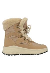 Beige winterboot met nepleren voering, gestructureerde rubberen zool en versterkte veterogen. Beschikt over een veterontwerp en gevoerde enkelondersteuning.