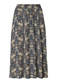 Navy floral skirt with an elastic waistband. Features intricate pattern of flowers and leaves in cream and rust colors on a dark background.