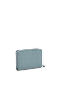 Světlomodrá obdélníková peněženka vyrobená z hladkého materiálu má zapínání na zip a minimalistický design s jemnými švy.