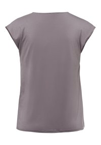 Simpel mauve ærmeløs bluse med brede skuldre, rund halsudskæring og lige kant, vist fra ryggen på en hvid baggrund.