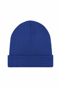 Cappello berretto a maglia blu con risvolto, realizzato in tessuto morbido ed elastico. Presenta una texture liscia e una parte superiore senza cuciture.