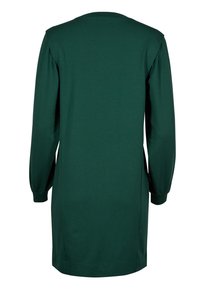 Robe longue à manches longues de couleur vert foncé avec des épaules structurées, des manches à poignets, et une coupe droite arrivant au genou, vue de dos.