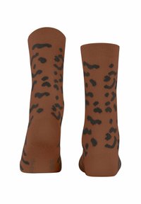 Braune knielange Socken mit einem schwarzen Leopardenmuster. Hergestellt aus einem weichen Material mit glatter Textur.