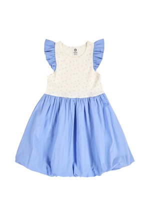 Ärmelloses Kleid für Kleinkinder mit weißem Blumenoberteil, blauen Rüschen an den Schultern und vollem blauem Rock mit gerafftem Saum.
