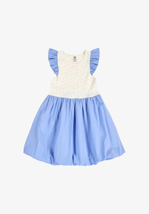 Ärmelloses Kleid für Kleinkinder mit weißem Blumenoberteil, blauen Rüschen an den Schultern und vollem blauem Rock mit gerafftem Saum.
