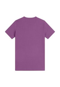 T-shirt viola a maniche corte con collo a giroclassico, realizzata in tessuto di cotone liscio con un colore uniforme e senza dettagli aggiuntivi nel design.