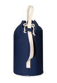 Marineblaue Canvas-Zugsäcke mit cremefarbenem Baumwollriemen und Kordelverschluss. Runde Basis mit weichem, strukturiertem Stofffinish.