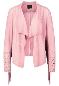 Roze suede jas met open voorkant, lange mouwen met gestikte accenten en franjes langs de manchetten. Soepele textuur en een ontspannen pasvorm.