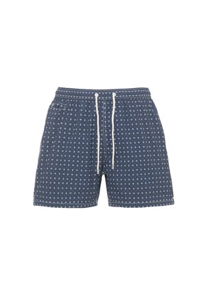 Costume da bagno blu navy con piccolo motivo paisley bianco, vita con coulisse bianca e patta sulla tasca posteriore.