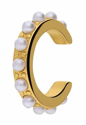 Gouden open ring versierd met gelijkmatig verdeelde ronde witte parels langs de buitenkant.