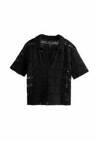 Schwarze kurzärmlige Bluse aus Spitze mit kariertem Muster, ausgestattet mit einem spitzen Kragen und einem V-Ausschnitt. Leicht und strukturiert.