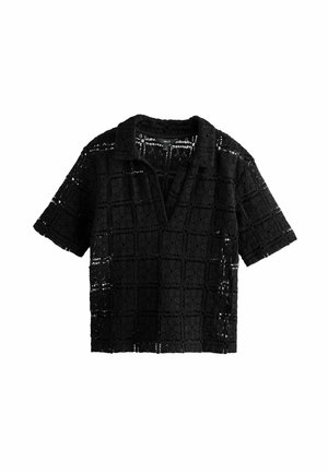 Black short-sleeve blouse made from lace with a grid pattern, featuring a pointed collar and a V-neckline. Lightweight and textured.