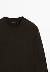 Donkerbruine gebreide sweater met ronde hals en ribbelkraag, gemaakt door Massimo Dutti, plat gelegd op een witte achtergrond.