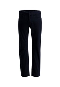 Donkerblauwe denim jeans met een rechte pasvorm, voorzien van vijf zakken, een knoopsluiting en een gladde, gestructureerde afwerking.